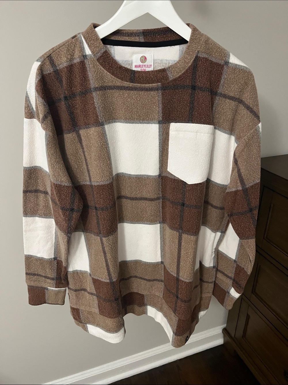 MARLEYLILLY Brown & Cream Plaid Crewneck Sweater